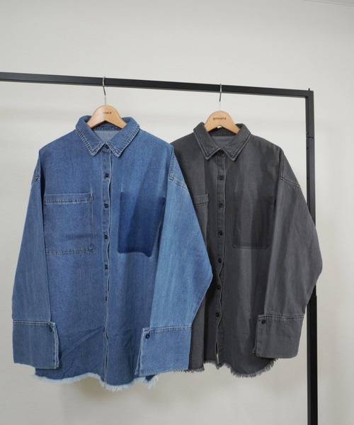 ブラウス シャツ デニム右PK加工BIGカフスショートシャツ レディース gossara ブラウス シャツ デニムPK加工BIGカフスSH レディース