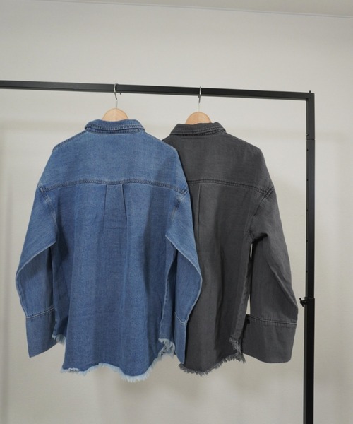 ブラウス シャツ デニム右PK加工BIGカフスショートシャツ レディース セール】デニム右PK加工BIGカフスショートシャツ（シャツ