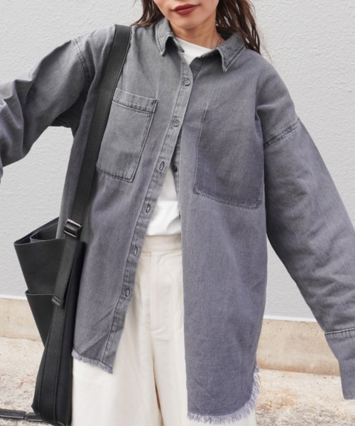 ブラウス シャツ デニム右PK加工BIGカフスショートシャツ レディース gossara ブラウス シャツ デニムPK加工BIGカフスSH レディース