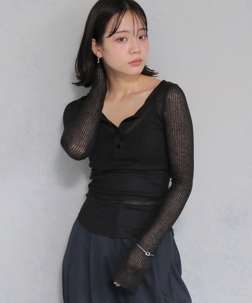cheriella tシャツ 「cheriella」シースルーリブ ヘンリーネック