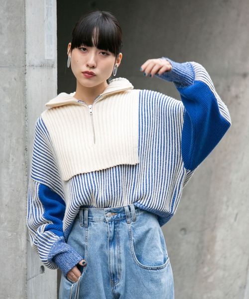 40サイズ♬長袖ニット ネイビー 畔 ニット ハーフZIP プルオーバー