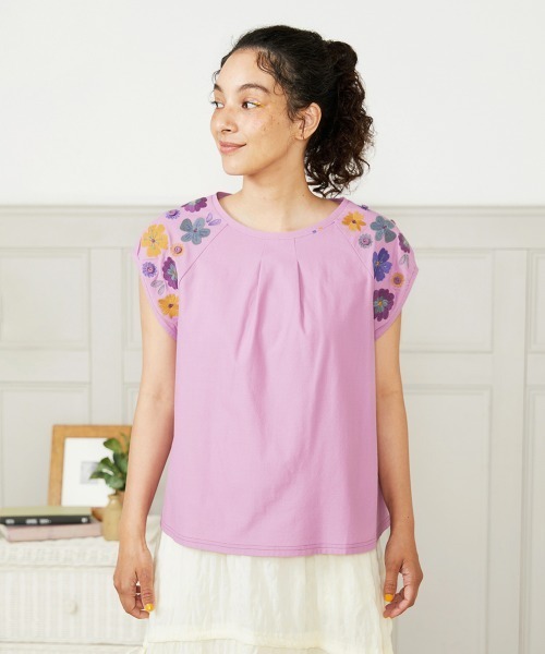 tシャツ Escala floral フラワー刺繍パフスリーブTシャツ レディース