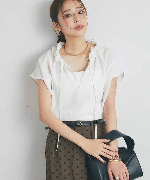 ブラウス シャツ 「全方向大人フェミニン見え」フィブリルサテンフリルブラウス レディース