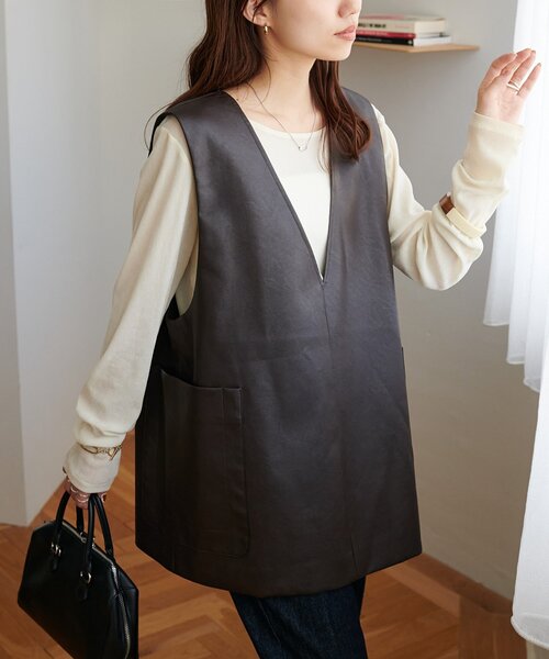 Discoat（ディスコート） ベスト ジレ フェイクレザーVネックベスト