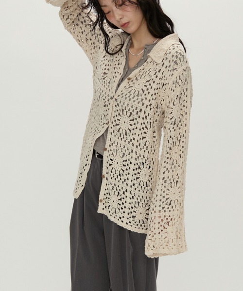 45R クロシェ編み cottonレースブラウス NUJOH リネンシャツ ブラウス シャツ Crochet Lace Blouse / クロシェ