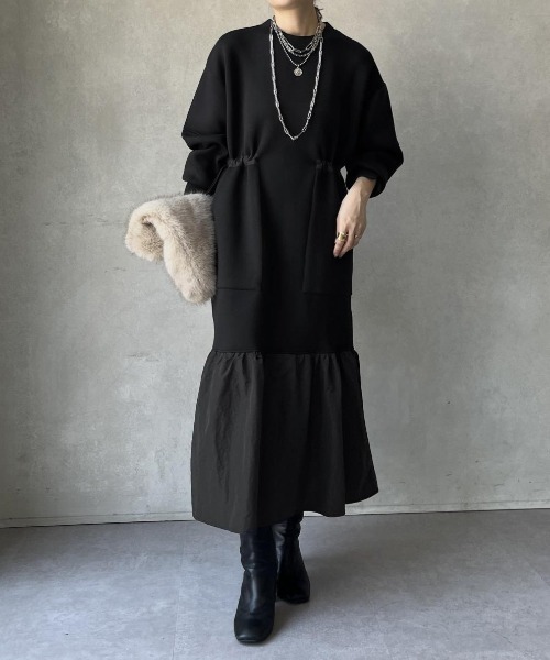 a lot of love ワンピース 異素材切り替え ビッグポケットワンピース