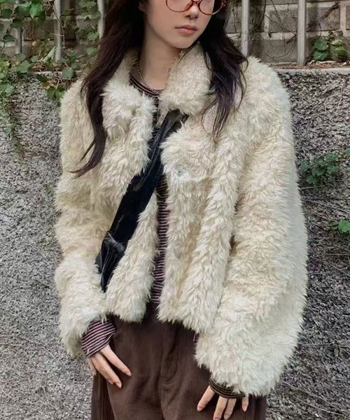 ブルゾン アウター 襟付きフェイクファーショートコート レディース