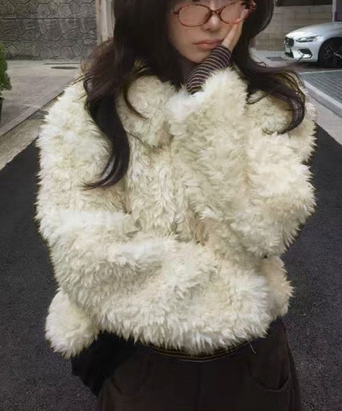 ブルゾン アウター 襟付きフェイクファーショートコート レディース