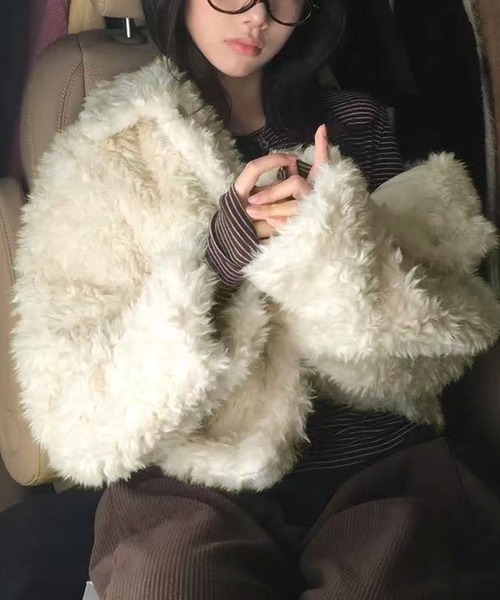 ブルゾン アウター 襟付きフェイクファーショートコート レディース