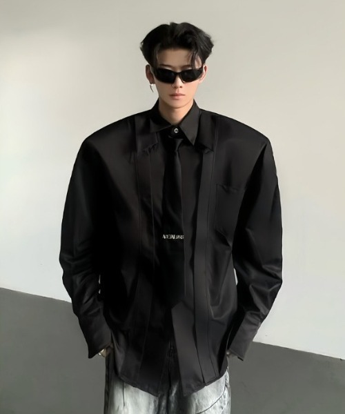 lilful シャツ 「26年春夏新作」2点セットネクタイ付きギミックシャツ
