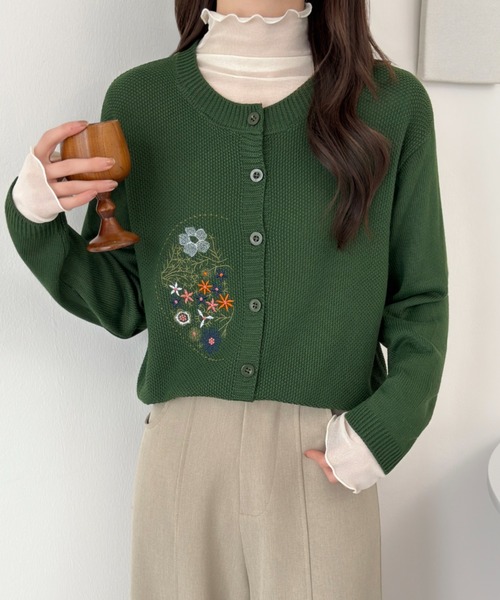 ABITOKYO（アビトーキョー） カーディガン 花柄刺繍クルーネックニット