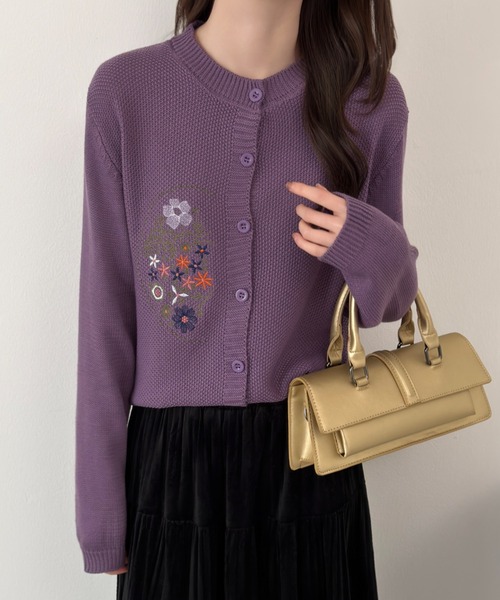 アトリエまりこ 立体 花柄刺繍 ベルベットカーディガン 長袖 アトリエ