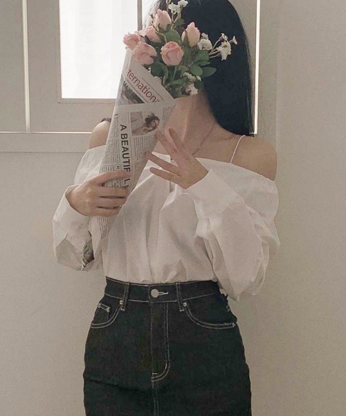 ブラウス シャツ 肩紐付きオフショルダーブラウス レディース