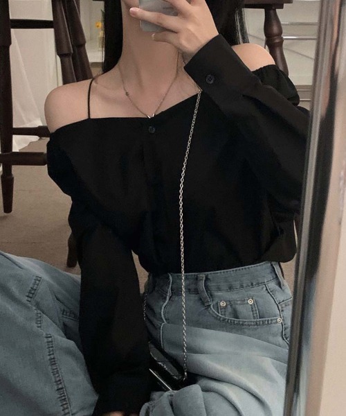 ブラウス シャツ 肩紐付きオフショルダーブラウス レディース