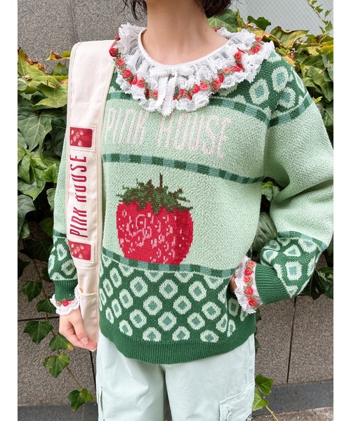 新作 ピンクハウス 苺レース ドットチュール カットソー 未使用 31,900円 PINK HOUSE（ピンクハウス） tシャツ オリジナル苺ブレードレース