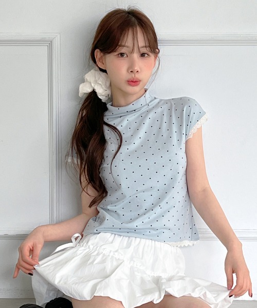 by muni:r tシャツ 半袖 レースドット ハイネック半袖Tシャツ