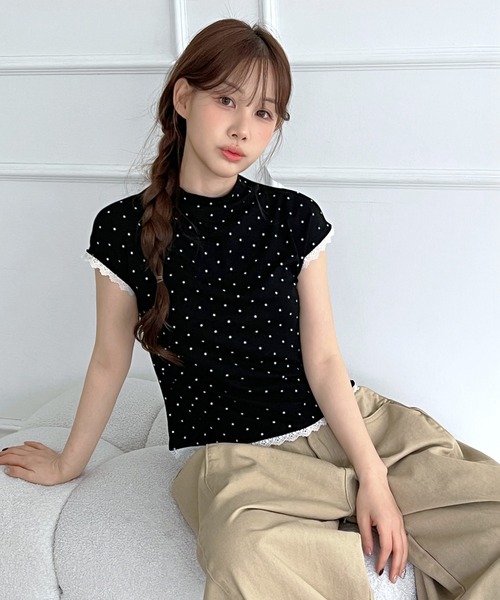 by muni:r tシャツ 半袖 レースドット ハイネック半袖Tシャツ