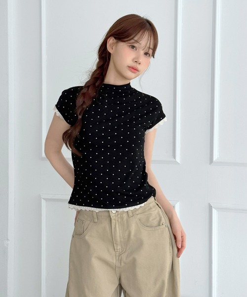 by muni:r tシャツ 半袖 レースドット ハイネック半袖Tシャツ