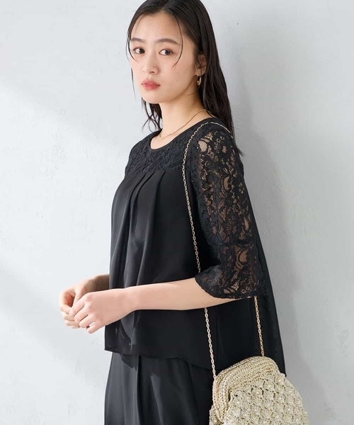 パンツドレス 「結婚式/お呼ばれに」レースドッキングブラウス・パンツセットアップの画像