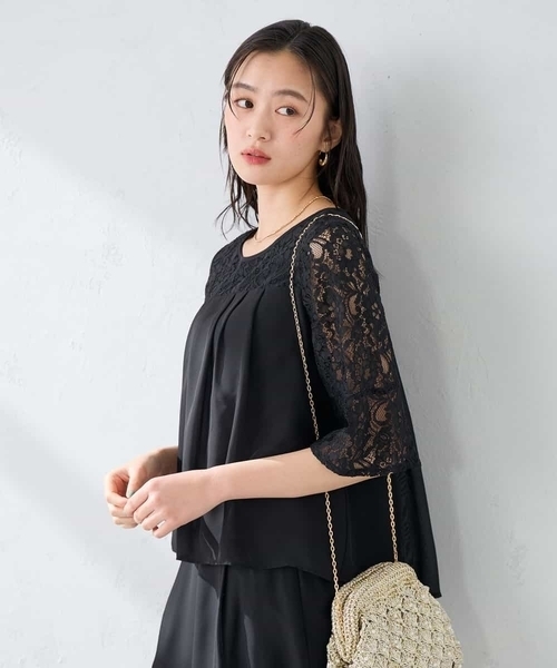 パンツドレス 「結婚式/お呼ばれに」レースドッキングブラウス・パンツセットアップの画像