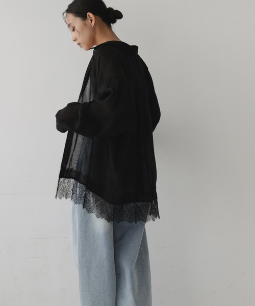 hellam（ヘラム） ブラウス シャツ レースドッキングシアーシャツ