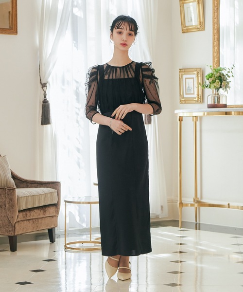 niana バックリボンチュールボレロ&サテンワンピースセットドレス bflat｜バックリボンチュールボレロ&サテンワンピースセット