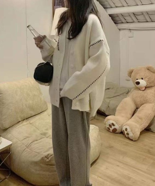 pas de calais　オーバーサイズコーデュロイコーディガン　アイボリー COO+i カーディガン ステッチ配色ニットカーディガン オーバー