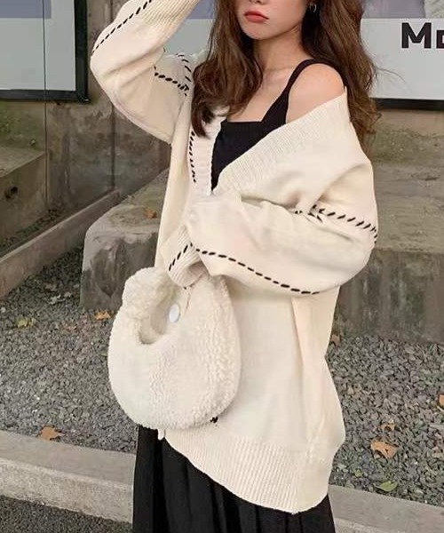 COO+i カーディガン ステッチ配色ニットカーディガン オーバー