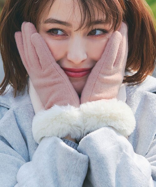 Tiaclasse 手袋 「スマホタッチ可」ファー付きスエードグローブ