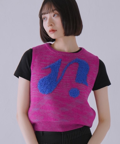 ベスト ジレ ロゴ エンブロイダリー 刺繍 ニットベスト ノースリーブ スリーブレス レディース