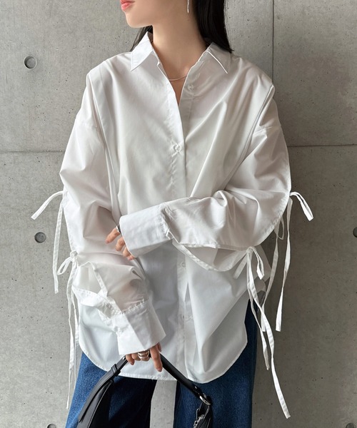 andme（アンドミー） ブラウス シャツ 袖スリットリボン長袖シャツ