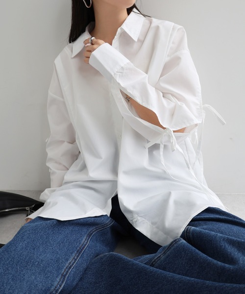 andme（アンドミー） ブラウス シャツ 袖スリットリボン長袖シャツ