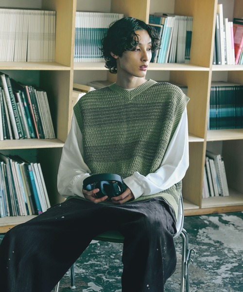 ROAD RUNNER ボーダー 中綿入り フルジップベスト M 黒 グレー Bleme ベスト ジレ 透かし編み メランジ ボーダー ルーズ