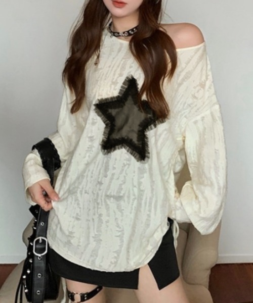 tシャツ プレシャストップス レディース LADY LIKE tシャツ 星型チュールサイド絞りダメージ加工トップス