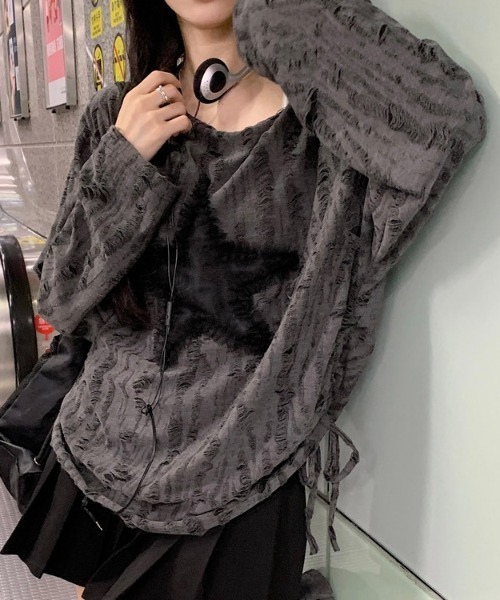 LADY LIKE tシャツ 星型チュールサイド絞りダメージ加工トップス