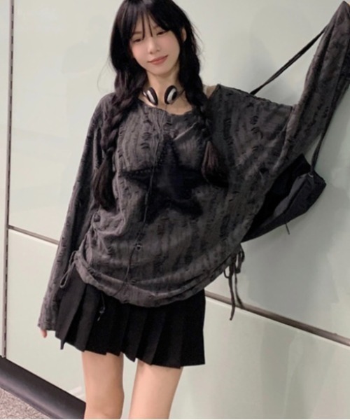 LADY LIKE tシャツ 星型チュールサイド絞りダメージ加工トップス