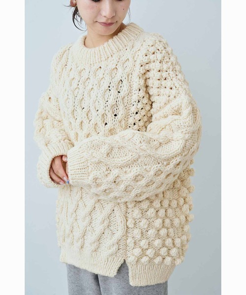 70s 美品　1点物　ミドルゲージアランニットハニーカム　fudgeカーデF MEDE19F（メデジュウキュウ） ニット セーター ペルーで手編みされた