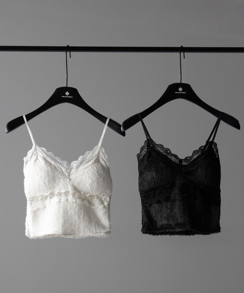 キャミソール 「 カップ付き 」ダブルレースシャギーファーショートビスチェキャミソール ／ double lace shaggy fur short | me+em select | 03