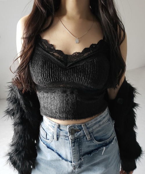 キャミソール 「 カップ付き 」ダブルレースシャギーファーショートビスチェキャミソール ／ double lace shaggy fur short | me+em select | 19