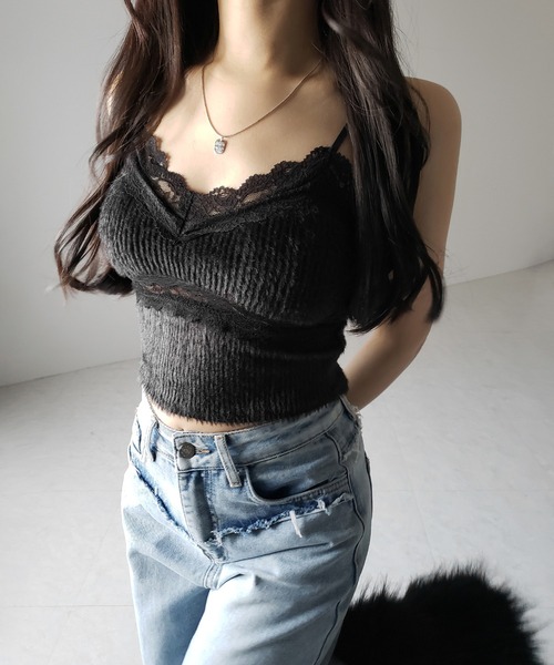 キャミソール 「 カップ付き 」ダブルレースシャギーファーショートビスチェキャミソール ／ double lace shaggy fur short | me+em select | 20
