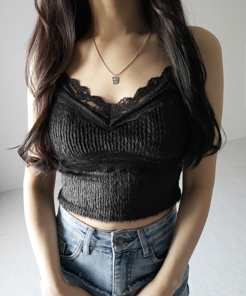 キャミソール 「 カップ付き 」ダブルレースシャギーファーショートビスチェキャミソール ／ double lace shaggy fur short | me+em select | 22