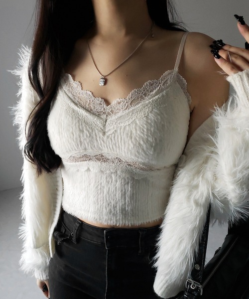 キャミソール 「 カップ付き 」ダブルレースシャギーファーショートビスチェキャミソール ／ double lace shaggy fur short | me+em select | 08