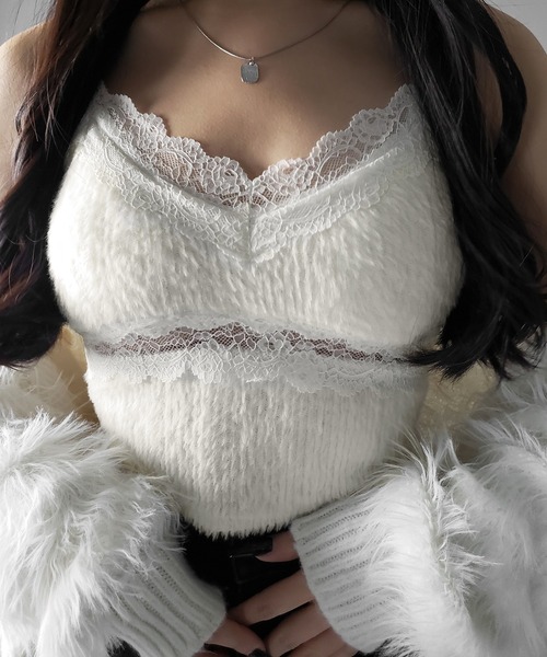 キャミソール 「 カップ付き 」ダブルレースシャギーファーショートビスチェキャミソール ／ double lace shaggy fur short | me+em select | 05