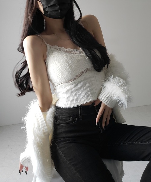 キャミソール 「 カップ付き 」ダブルレースシャギーファーショートビスチェキャミソール ／ double lace shaggy fur short | me+em select | 11