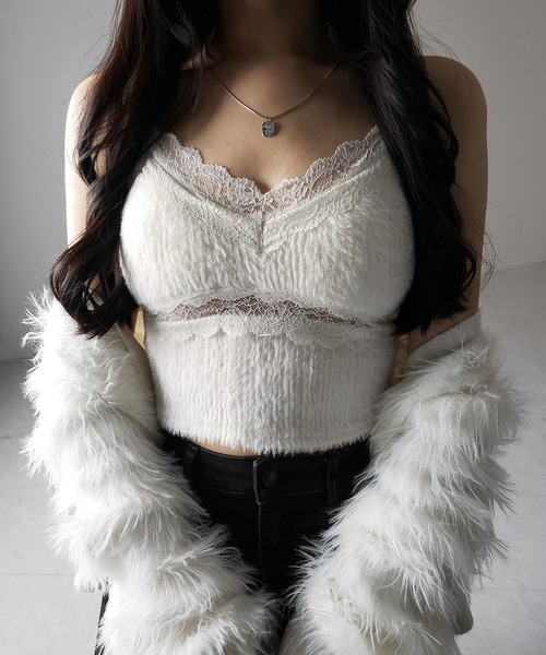 キャミソール 「 カップ付き 」ダブルレースシャギーファーショートビスチェキャミソール ／ double lace shaggy fur short | me+em select | 12
