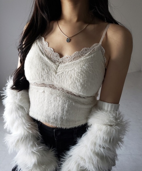 キャミソール 「 カップ付き 」ダブルレースシャギーファーショートビスチェキャミソール ／ double lace shaggy fur short | me+em select | 13