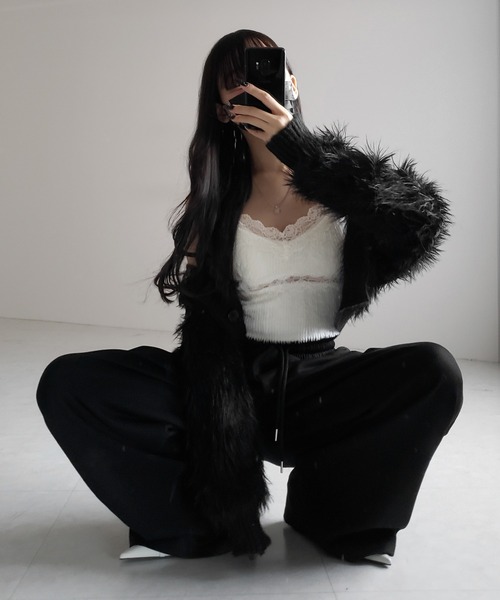 キャミソール 「 カップ付き 」ダブルレースシャギーファーショートビスチェキャミソール ／ double lace shaggy fur short | me+em select | 17