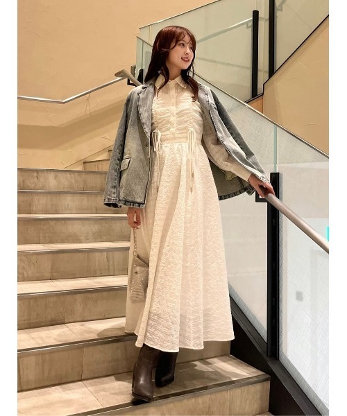 rienda ワンピース フロントシャーリングリボンシャツフレア