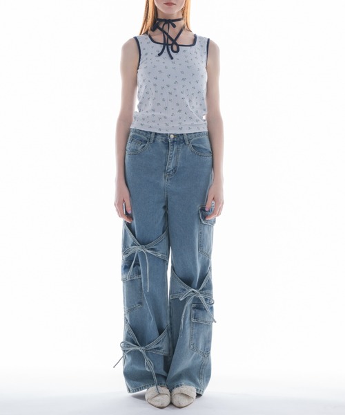 ジーンズ デニム デニムパンツ many ribbon cargo denim／リボン