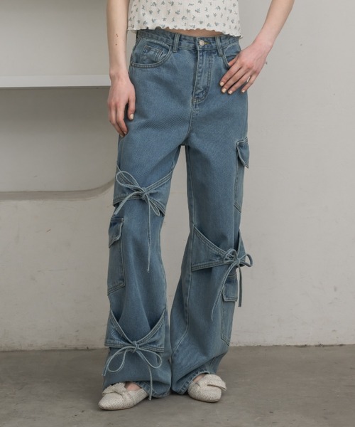 ジーンズ デニム デニムパンツ many ribbon cargo denim／リボン
